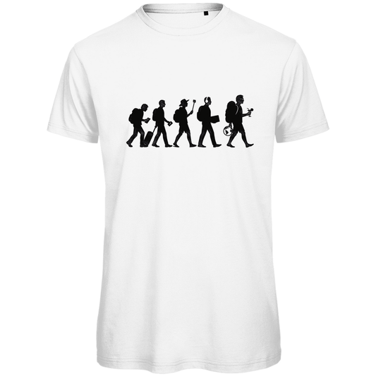 T Shirt für Herren mit dem TOURIST EVOLUTION Print. Stoff-Farbe: White. Fernweh mal Lustig? travelPrint4U.de