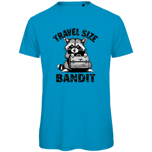 T Shirt für Herren mit Waschbär, TRAVEL SIZE BANDIT Print. Stoff-Farbe: Atoll. Fernweh mal Lustig? travelPrint4U.de