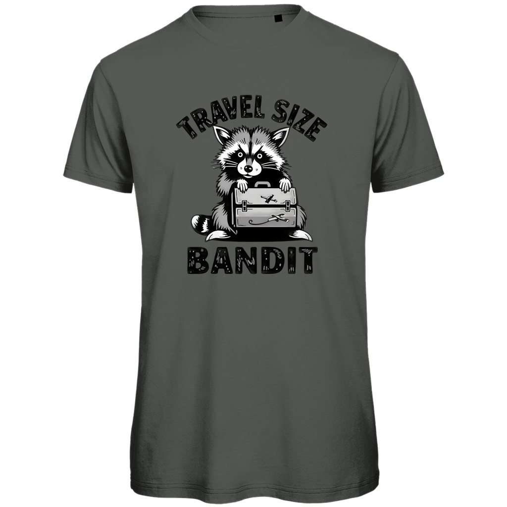 T Shirt für Herren mit Waschbär, TRAVEL SIZE BANDIT Print. Stoff-Farbe: Millennial Khaki. Fernweh mal Lustig? travelPrint4U