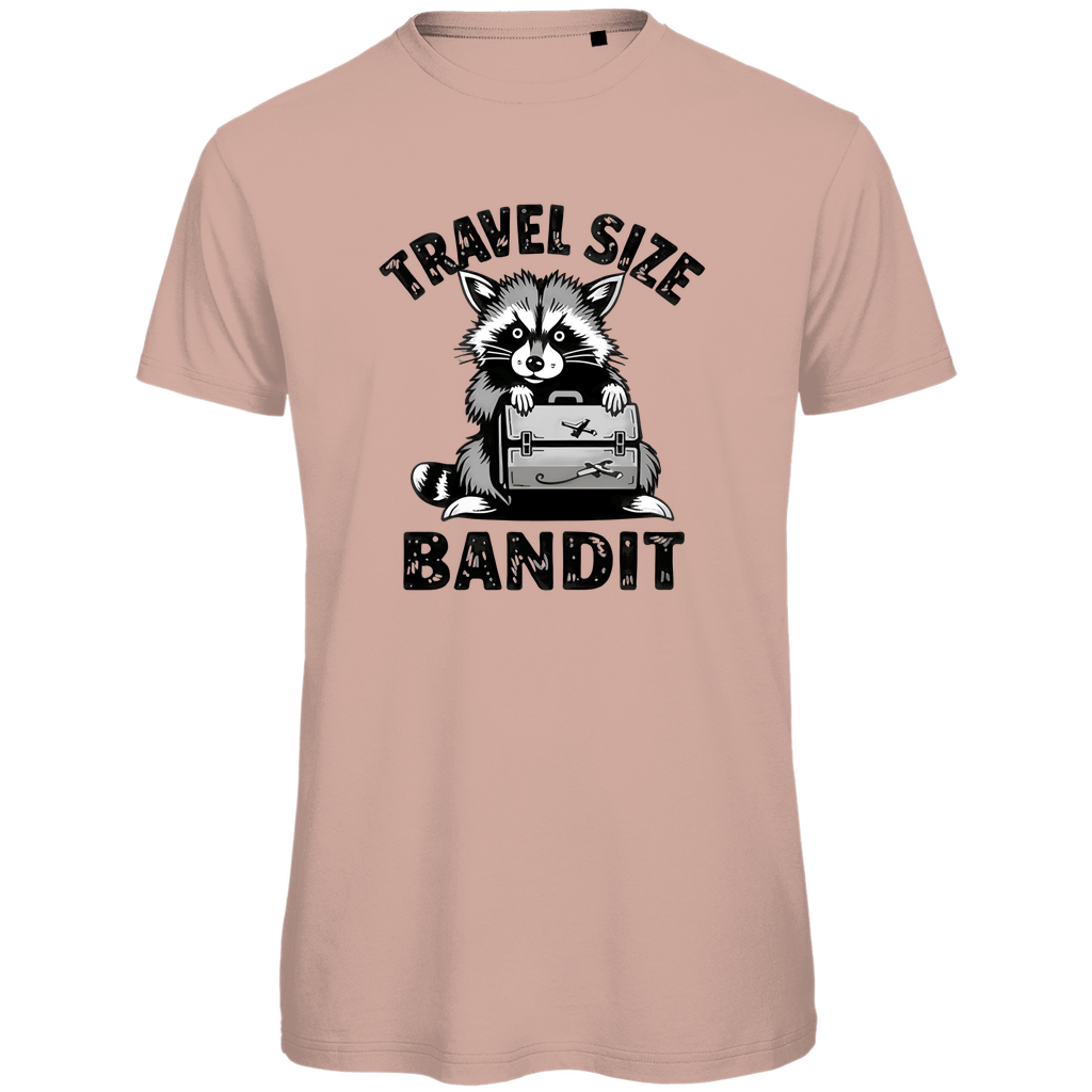 T Shirt für Herren mit Waschbär, TRAVEL SIZE BANDIT Print. Stoff-Farbe: Millennial Pink. Fernweh mal Lustig? travelPrint4U.de