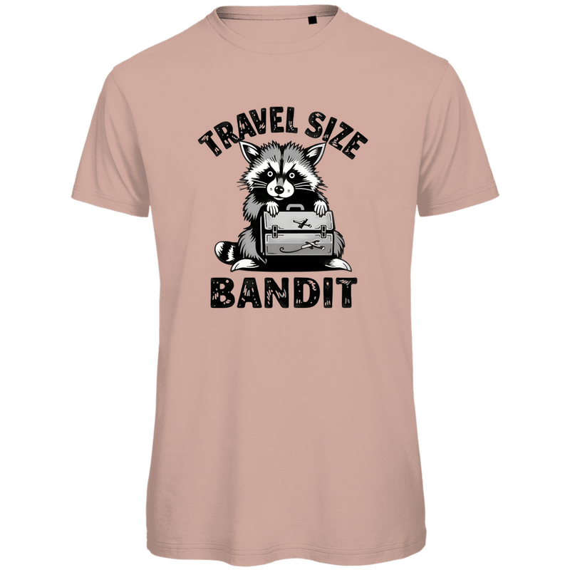 T Shirt für Herren mit Waschbär, TRAVEL SIZE BANDIT Print. Stoff-Farbe: Millennial Pink. Fernweh mal Lustig? travelPrint4U.de