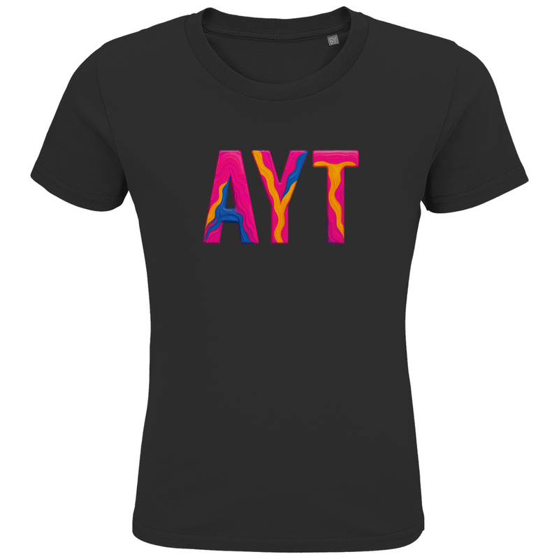 T-Shirts für Kinder mit buntem AYT Print für Airport ANTALYA. Stoff-Farbe: Black. Fernweh zum Anziehen? travelPrint4U.de