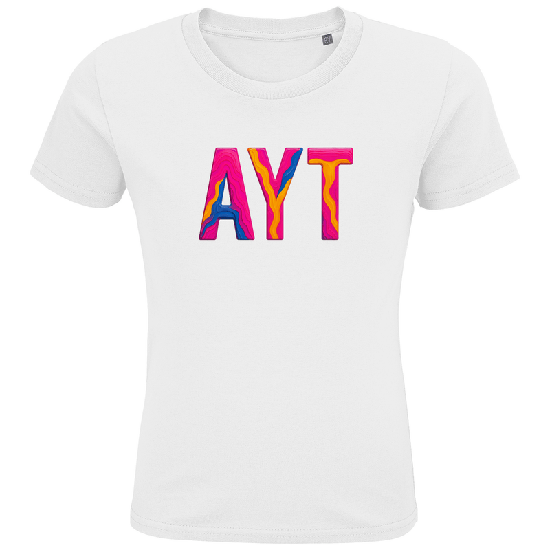 T-Shirts für Kinder mit buntem AYT Print für Airport ANTALYA. Stoff-Farbe: White. Fernweh zum Anziehen? travelPrint4U.de