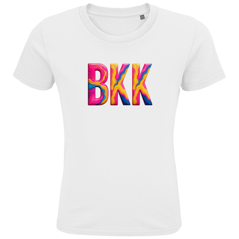 T-Shirts für Kinder mit buntem BKK Print für Airport BANGKOK. Stoff-Farbe: White. Fernweh zum Anziehen? travelPrint4U.de