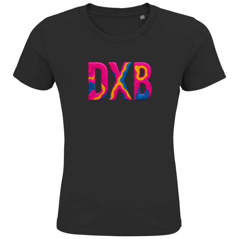 T-Shirts für Kinder mit buntem DXB Print für Airport DUBAI. Stoff-Farbe: Black. Fernweh zum Anziehen? travelPrint4U.de