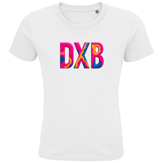 T-Shirts für Kinder mit buntem DXB Print für Airport DUBAI. Stoff-Farbe: White. Fernweh zum Anziehen? travelPrint4U.de