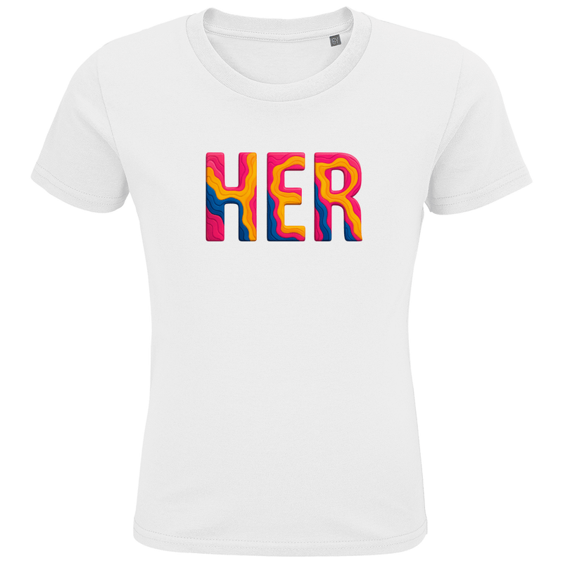 T-Shirts für Kinder mit buntem HER Print für Airport HERAKLION. Stoff-Farbe: White. Fernweh zum Anziehen? travelPrint4U.de