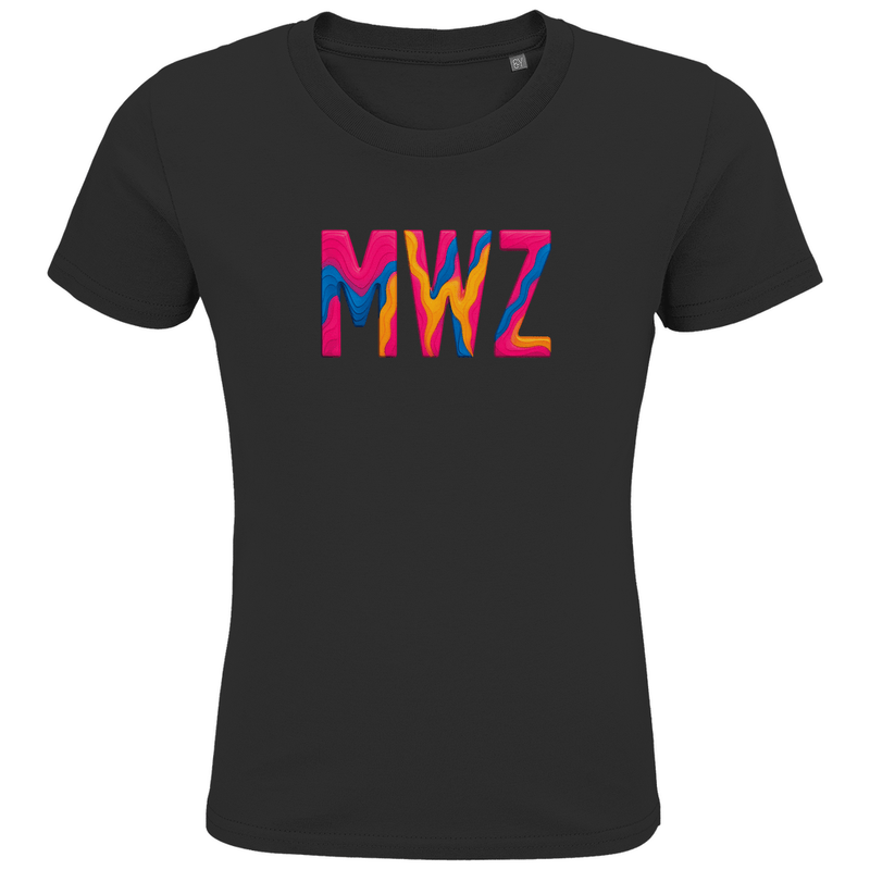 T-Shirts für Kinder mit buntem MWZ Print für Airport MWANZA. Stoff-Farbe: Black. Fernweh zum Anziehen? travelPrint4U.de