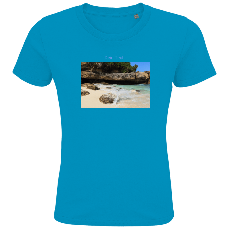T-Shirts für Kinder, personalisierbar mit Foto und kurzem Text. Stoff-Farbe: Atoll. Fernweh zum Anziehen? travelPrint4U.de
