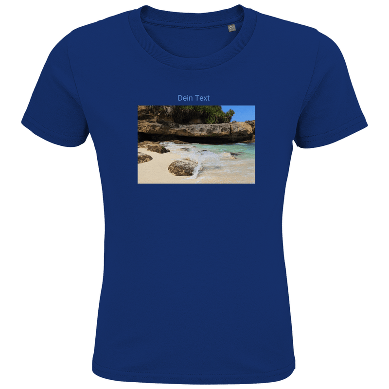 T-Shirts für Kinder, personalisierbar mit Foto und kurzem Text. Stoff-Farbe: Royal Blue. Fernweh zum Anziehen? travelPrint4U.de