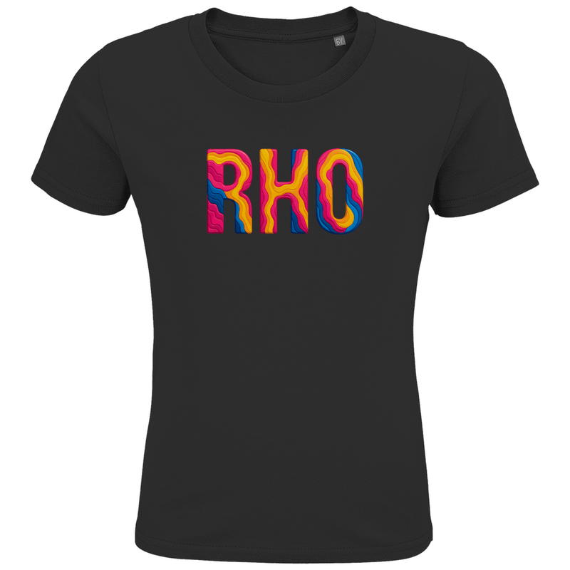 T-Shirts für Kinder mit buntem RHO Print für Airport RHODOS. Stoff-Farbe: Black. Fernweh zum Anziehen? travelPrint4U.de