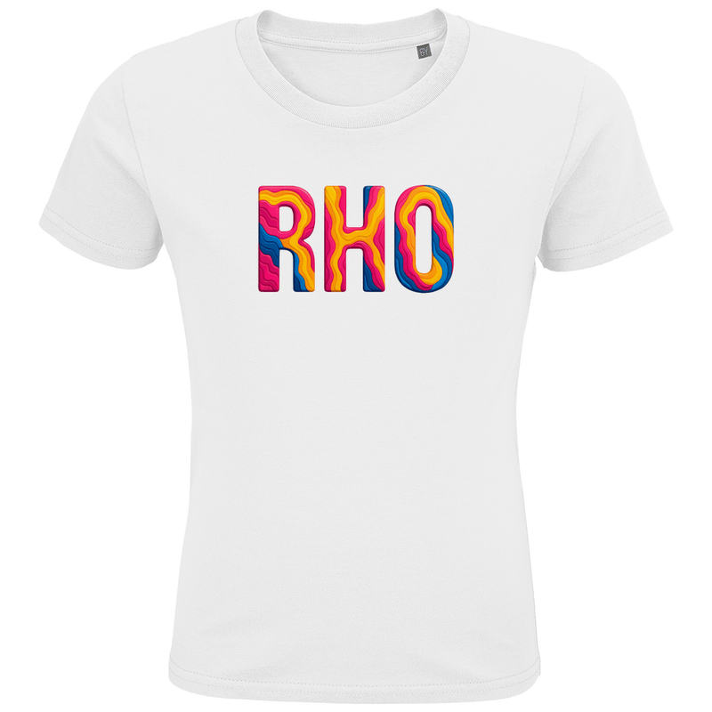 T-Shirts für Kinder mit buntem RHO Print für Airport RHODOS. Stoff-Farbe: White. Fernweh zum Anziehen? travelPrint4U.de