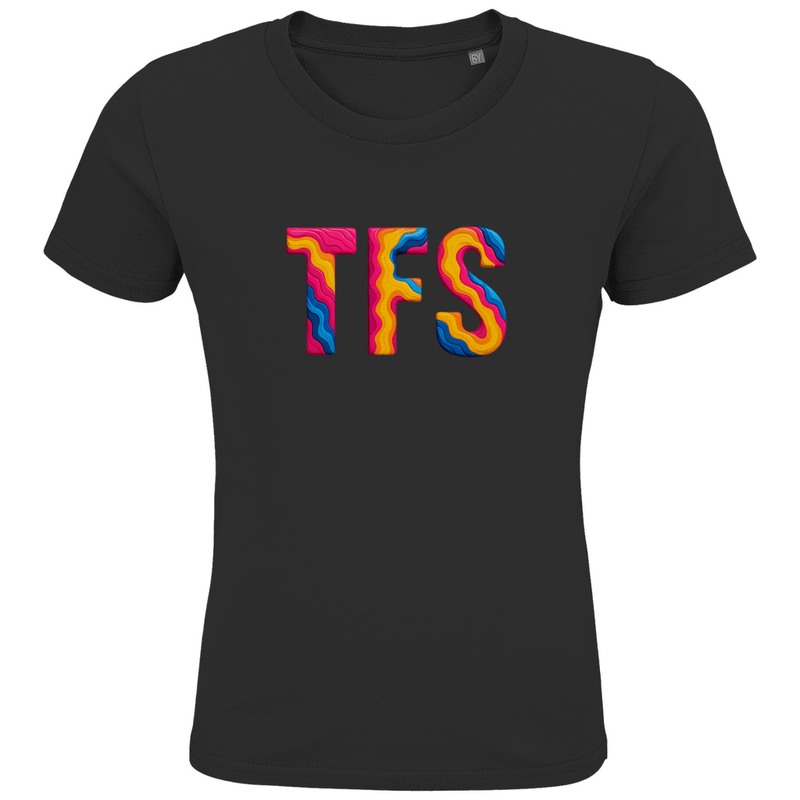 T-Shirts für Kinder mit buntem TFS Print für Airport TENERIFFA-SÜD. Stoff-Farbe: Black. Fernweh zum Anziehen? travelPrint4U