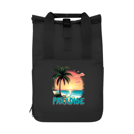 Tagesrucksack mit farbenfrohem LOST IN PARADISE Aufdruck. Grundfarbe: Black. Fernweh zum Anfassen? travelPrint4U.de
