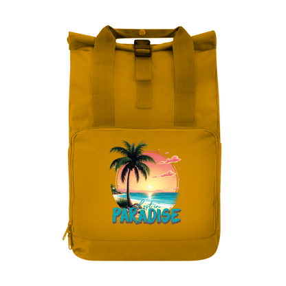 Tagesrucksack mit farbenfrohem LOST IN PARADISE Aufdruck. Grundfarbe: Mustard. Fernweh zum Anfassen? travelPrint4U.de