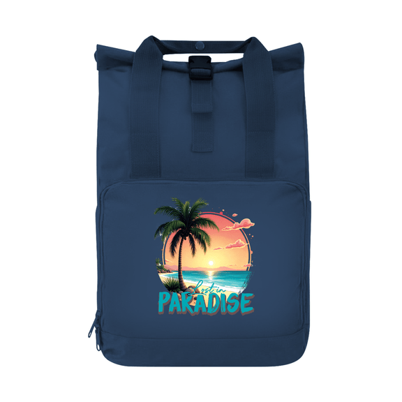 Tagesrucksack mit farbenfrohem LOST IN PARADISE Aufdruck. Grundfarbe: Navy Dusk. Fernweh zum Anfassen? travelPrint4U.de