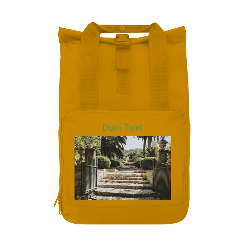 Tagesrucksack personalisierbar mit Deinem Foto und kurzem Text. Grundfarbe: Senf. Fernweh zum Anfassen? travelPrint4U.de