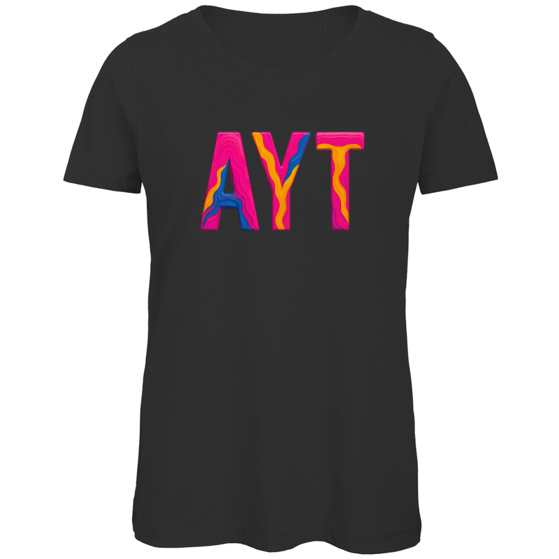 TShirt für Damen mit buntem AYT Print für Airport ANTALYA. Stoff-Farbe: Black. Fernweh zum Anziehen? travelPrint4U.de