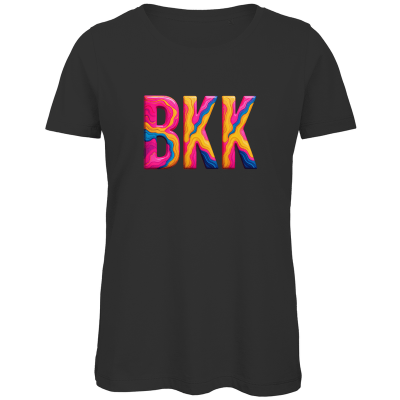 TShirt für Damen mit buntem BKK Print für Airport BANGKOK. Stoff-Farbe: Black. Fernweh zum Anziehen? travelPrint4U.de