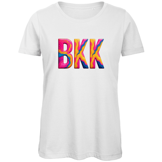 TShirt für Damen mit buntem BKK Print für Airport BANGKOK. Stoff-Farbe: White. Fernweh zum Anziehen? travelPrint4U.de