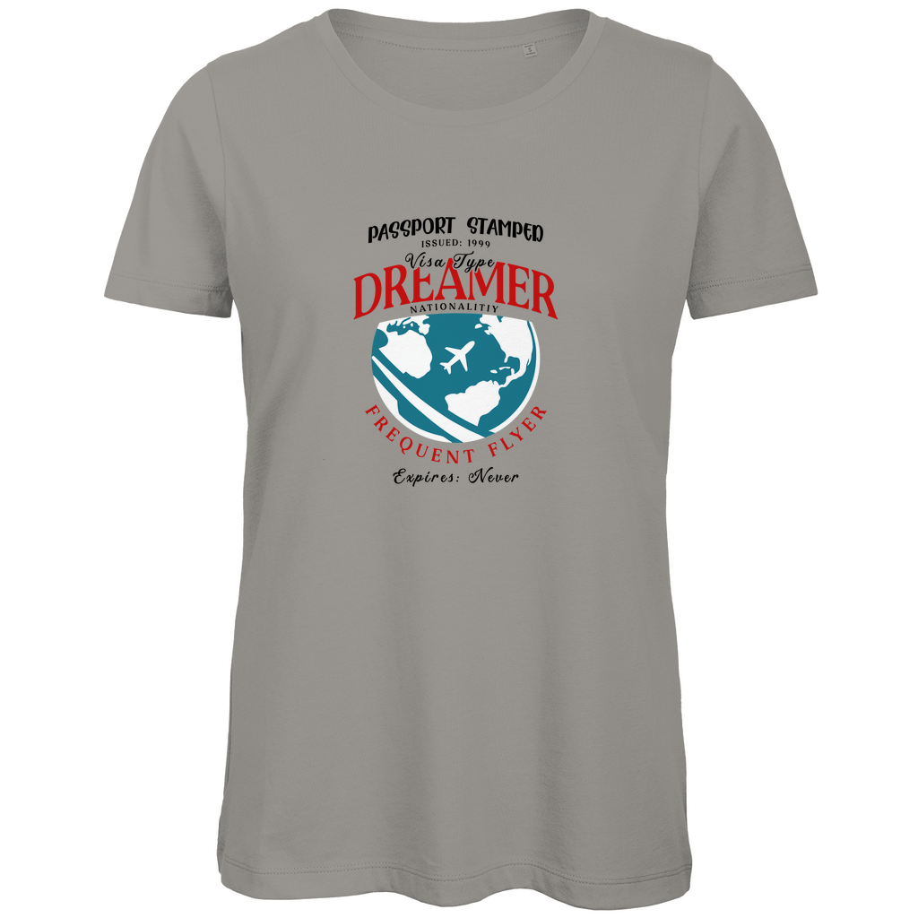 TShirt für Damen mit DREAMER NATIONALITY Aufdruck. Stoff-Farbe: Light Grey. Fernweh zum Anziehen? travelPrint4U.de