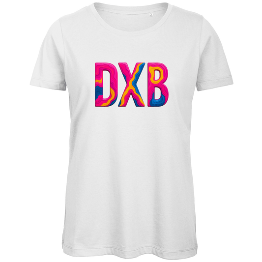 TShirt für Damen mit buntem DXB Print für Airport DUBAI. Stoff-Farbe: White. Fernweh zum Anziehen? travelPrint4U.de