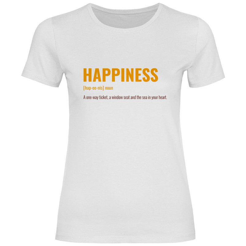 Damen TShirt in White mit HAPPINESS (ONE WAY TICKET & WINDOW SEAT) Print. Fernweh zum Anziehen mit travelPrint4U