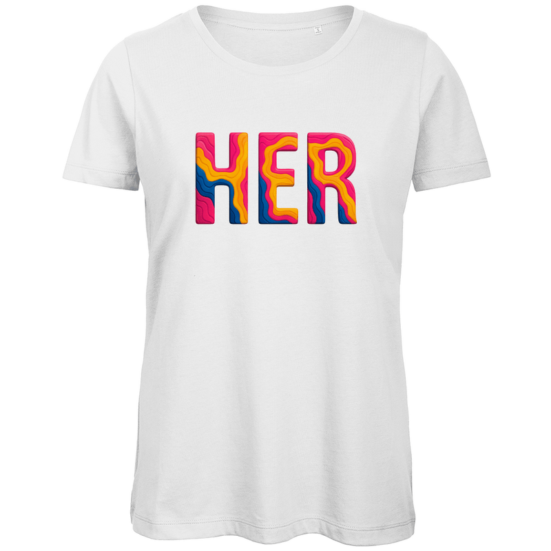 TShirt für Damen mit buntem HER Print für Airport HERAKLION. Stoff-Farbe: White. Fernweh zum Anziehen? travelPrint4U.de