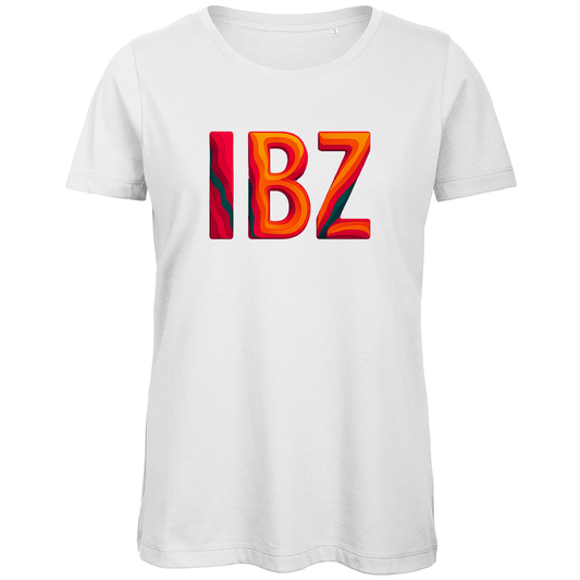 TShirt für Damen mit buntem IBZ Print für Airport IBIZA. Stoff-Farbe: White. Fernweh zum Anziehen? travelPrint4U.de