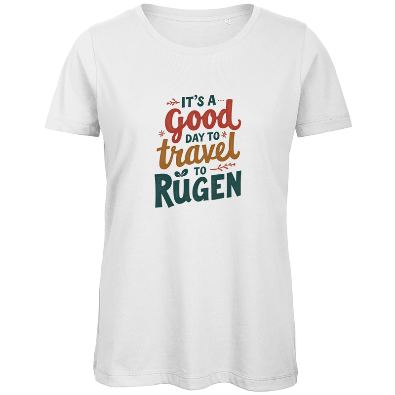 TShirt für Damen mit buntem A GOOD DAY TO TRAVEL TO RÜGEN Aufdruck. Stoff-Farbe: White. Fernweh zum Anziehen? travelPrint4U