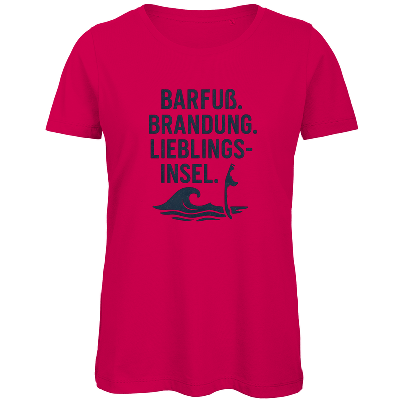 TShirt für Damen mit LIEBLINGSINSEL SYLT Aufdruck. Stoff-Farbe: Fuchsia. Fernweh zum Anziehen? travelPrint4U.de