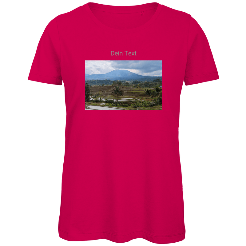 TShirt für Damen, personalisierbar mit Foto und kurzem Text. Stoff-Farbe: Fuchsia. Fernweh zum Anziehen? travelPrint4U.de
