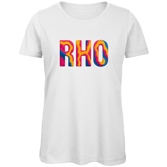 TShirt für Damen mit buntem RHO Print für Airport RHODOS. Stoff-Farbe: White. Fernweh zum Anziehen? travelPrint4U.de