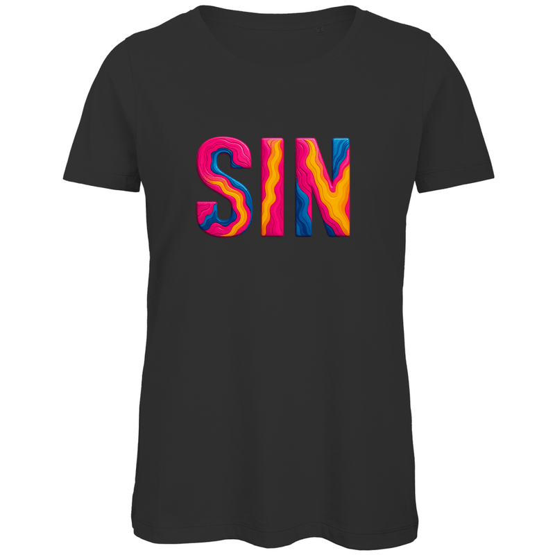 TShirt für Damen mit buntem SIN Print für Airport SINGAPUR. Stoff-Farbe: Black. Fernweh zum Anziehen? travelPrint4U.de