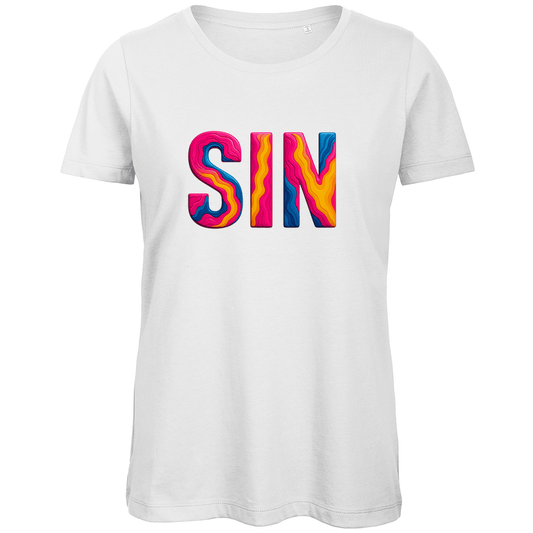 TShirt für Damen mit buntem SIN Print für Airport SINGAPUR. Stoff-Farbe: White. Fernweh zum Anziehen? travelPrint4U.de