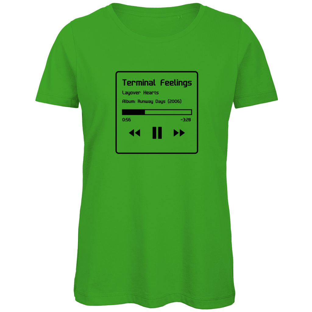 TShirt für Damen TERMINAL FEELINGS in Now Playing-Grafik (Black). Stoff-Farbe: Green. Fernweh zum Anziehen? travelPrint4U.de
