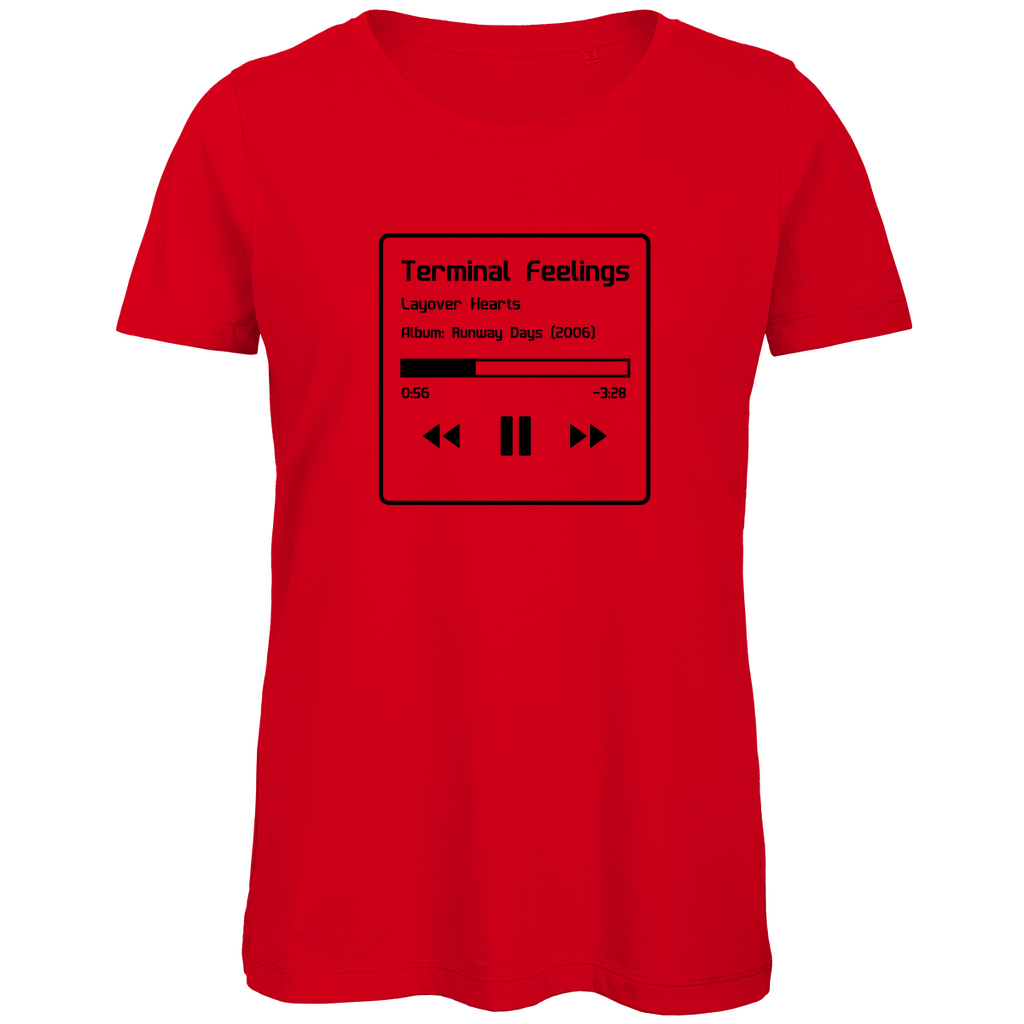 TShirt für Damen TERMINAL FEELINGS in Now Playing-Grafik (Black). Stoff-Farbe: Red. Fernweh zum Anziehen? travelPrint4U.de
