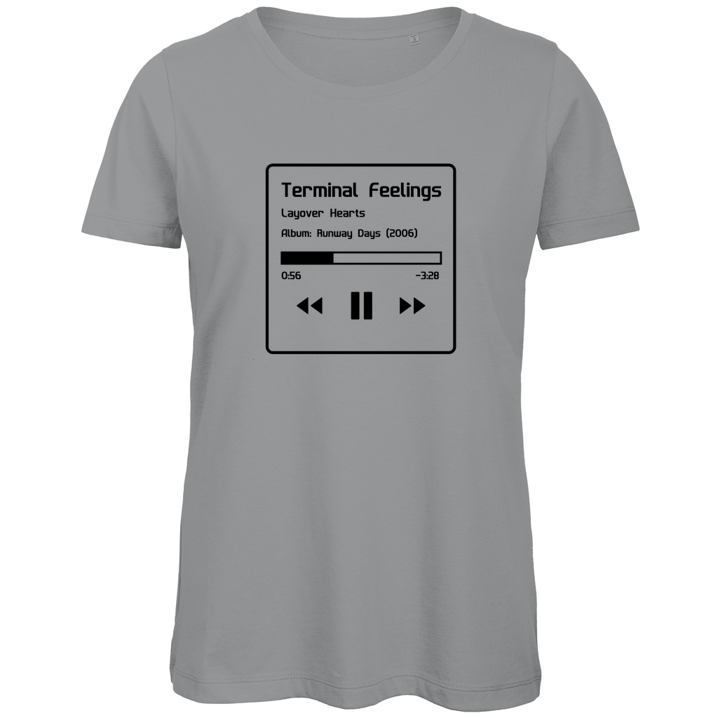 TShirt für Damen TERMINAL FEELINGS in Now Playing-Grafik (Black). Stoff-Farbe: Grey. Fernweh zum Anziehen? travelPrint4U.de