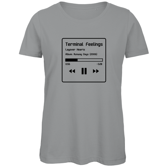 TShirt für Damen TERMINAL FEELINGS in Now Playing-Grafik (Black). Stoff-Farbe: Grey. Fernweh zum Anziehen? travelPrint4U.de