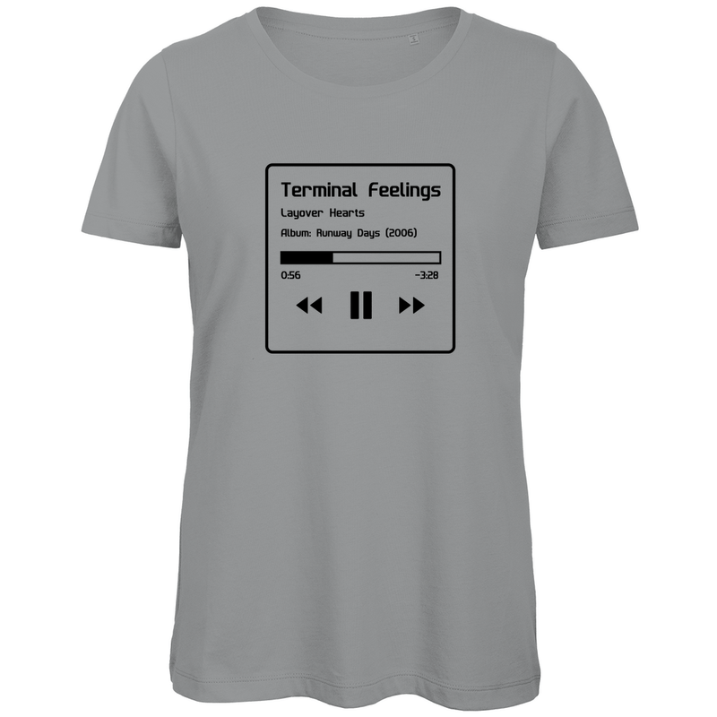 TShirt für Damen TERMINAL FEELINGS in Now Playing-Grafik (Black). Stoff-Farbe: Grey. Fernweh zum Anziehen? travelPrint4U.de