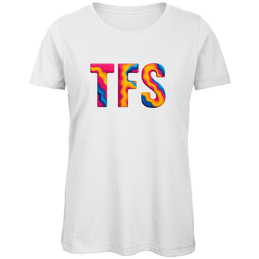 TShirt für Damen mit buntem TFS Print für Airport TENERIFFA-SÜD. Stoff-Farbe: White. Fernweh zum Anziehen? travelPrint4U.de