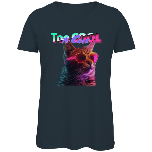 Damen Katzen Meme Funshirt in Dark Grey mit TOO COOL TO CARE Print. Fernweh zum Anziehen mit travelPrint4U.de