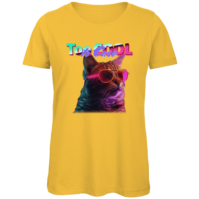 Damen Katzen Meme Funshirt in Gold mit TOO COOL TO CARE Print. Fernweh zum Anziehen mit travelPrint4U.de