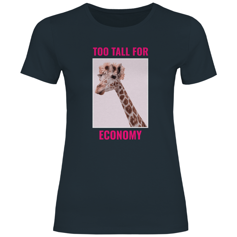Funshirt für Damen mit Giraffe in Dark Grey Solid. TOO TALL FOR ECONOMY Print. Fernweh zum Anziehen mit travelPrint4U.de