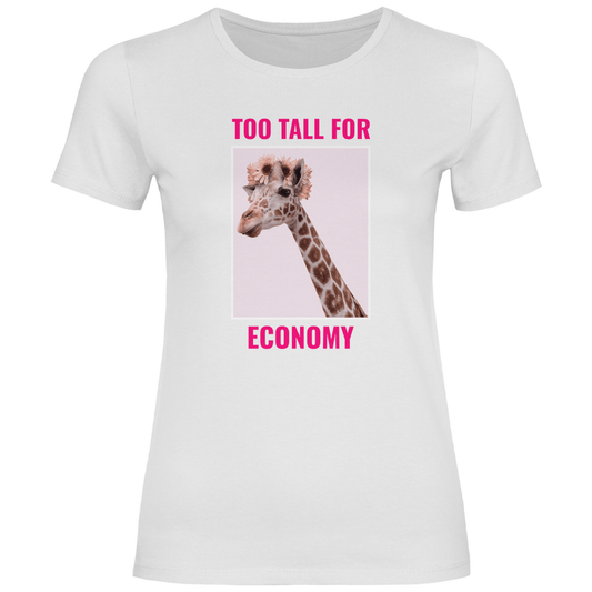 Funshirt für Damen mit Giraffe in der Farbe White. TOO TALL FOR ECONOMY Print. Fernweh zum Anziehen mit travelPrint4U.de
