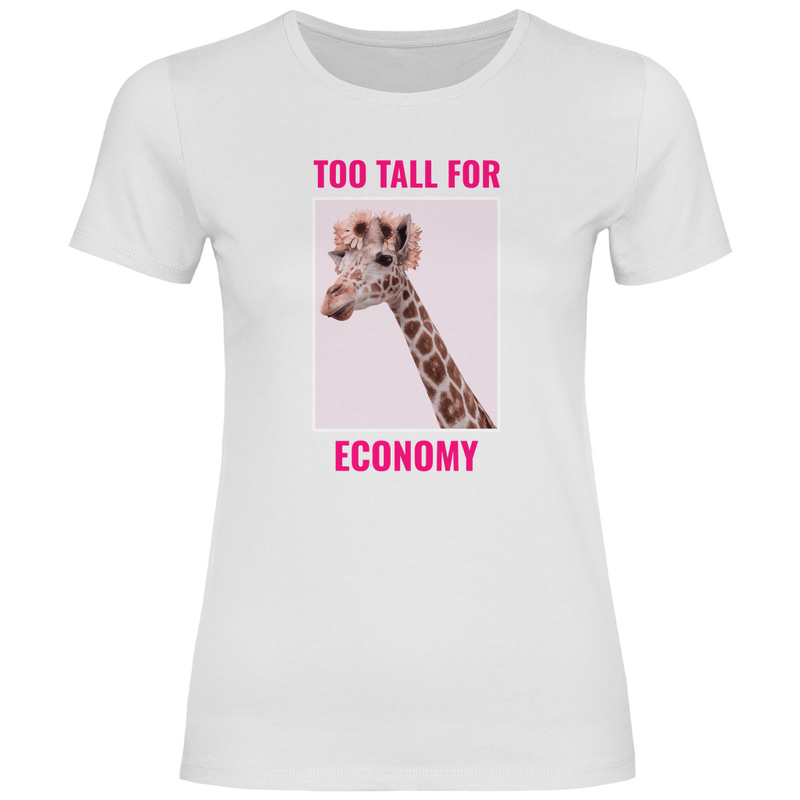 Funshirt für Damen mit Giraffe in der Farbe White. TOO TALL FOR ECONOMY Print. Fernweh zum Anziehen mit travelPrint4U.de