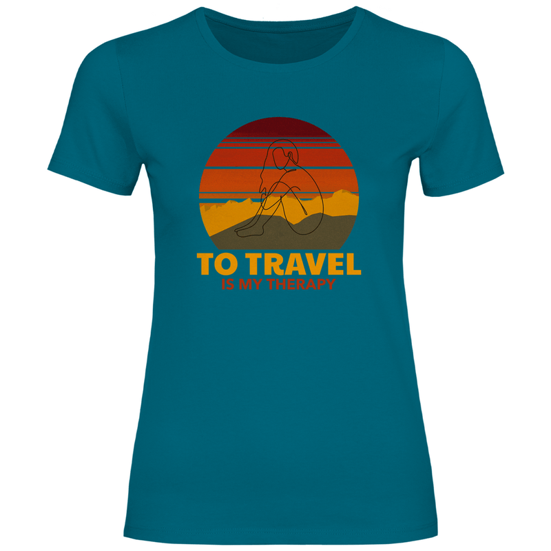 TShirt für Damen in Diva Blue mit TO TRAVEL IS MY THERAPY Print. Fernweh zum Anziehen mit travelPrint4U.de