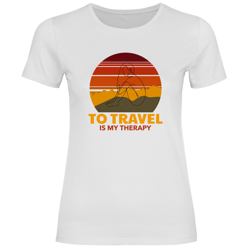 TShirt für Damen in White mit TO TRAVEL IS MY THERAPY Print. Fernweh zum Anziehen mit travelPrint4U.de