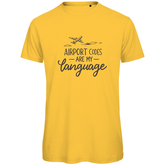 TShirt für Herren mit AIRPORT CODES ARE MY LANGUAGE Print. Stoff-Farbe: Gold Gelb. Fernweh zum Anziehen? travelPrint4U.de