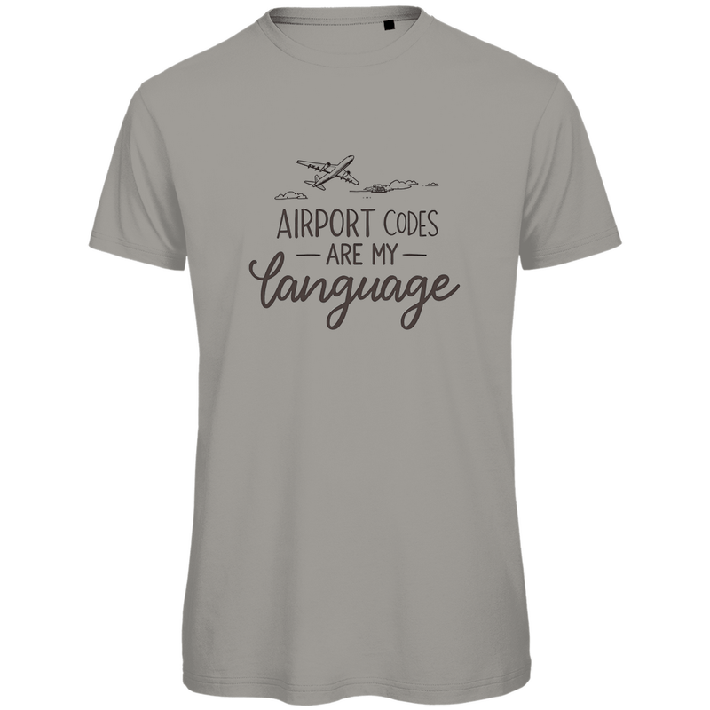 TShirt für Herren mit AIRPORT CODES ARE MY LANGUAGE Print. Stoff-Farbe: Light Grey. Fernweh zum Anziehen? travelPrint4U.de